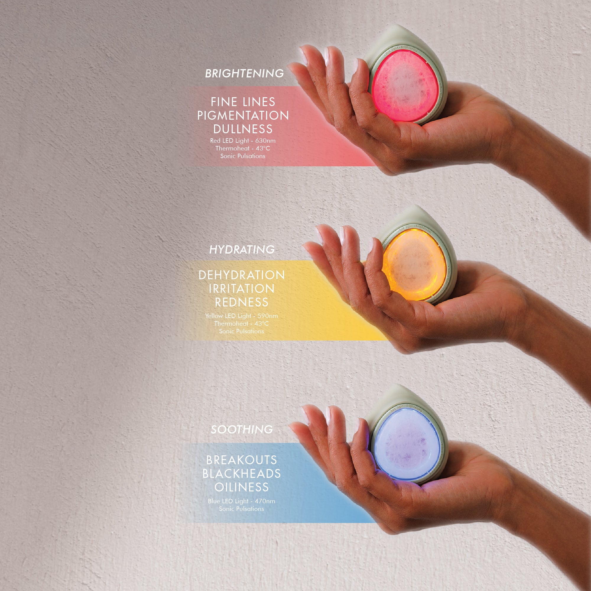 Haumea LED TRI-BOOSTER light therapy mask device with red, yellow and blue LED modes and jade stone base